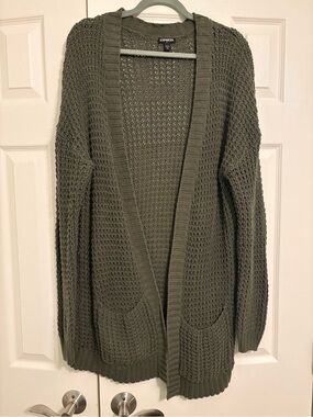 EXPRESS Olive Green Long Open-Front Cardigan | Cotton Blend | Size L